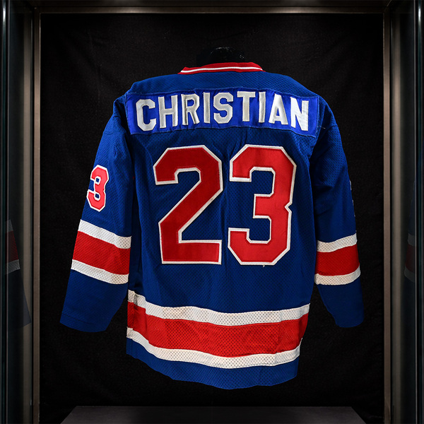 Back of Dave Christian Blue Team USA Gold Medal Game-Worn Jersey Photo-Matched to 1980 Lake Placid Winter Olympics.