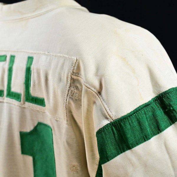 Close-Up of Repair on Back of Matt Snell White New York Jets Super Bowl III Game-Worn Photo-Matched Jersey.