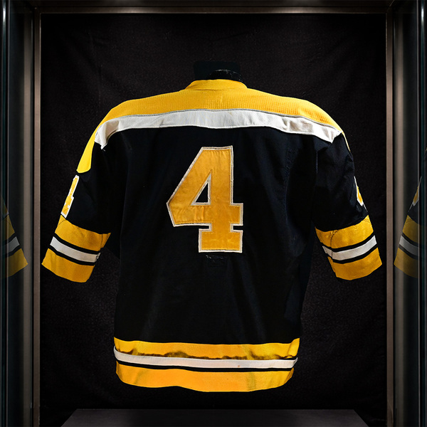 Back of Bobby Orr Black Boston Bruins Game-Worn Jersey Photo-Matched to 1970-72.