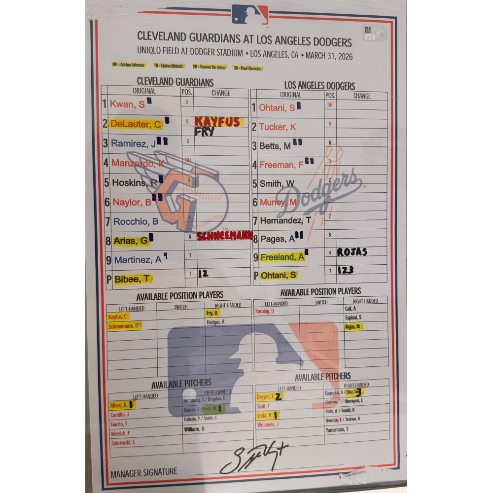 Game Used Lineup Card - 03/31/2026: Cleveland Guardians @ Los