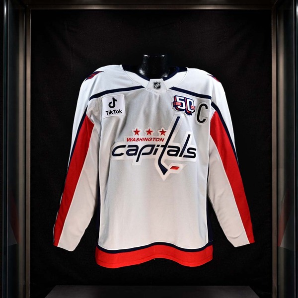 Front of Alex Ovechkin White Washington Capitals Game-Worn Jersey Photo-Matched to Postgame Celebration After NHL Record-Breaking Goal.