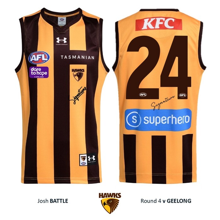 Photo of Josh Battle #24 Hawthorn 2026 Dare to Hope Guernsey