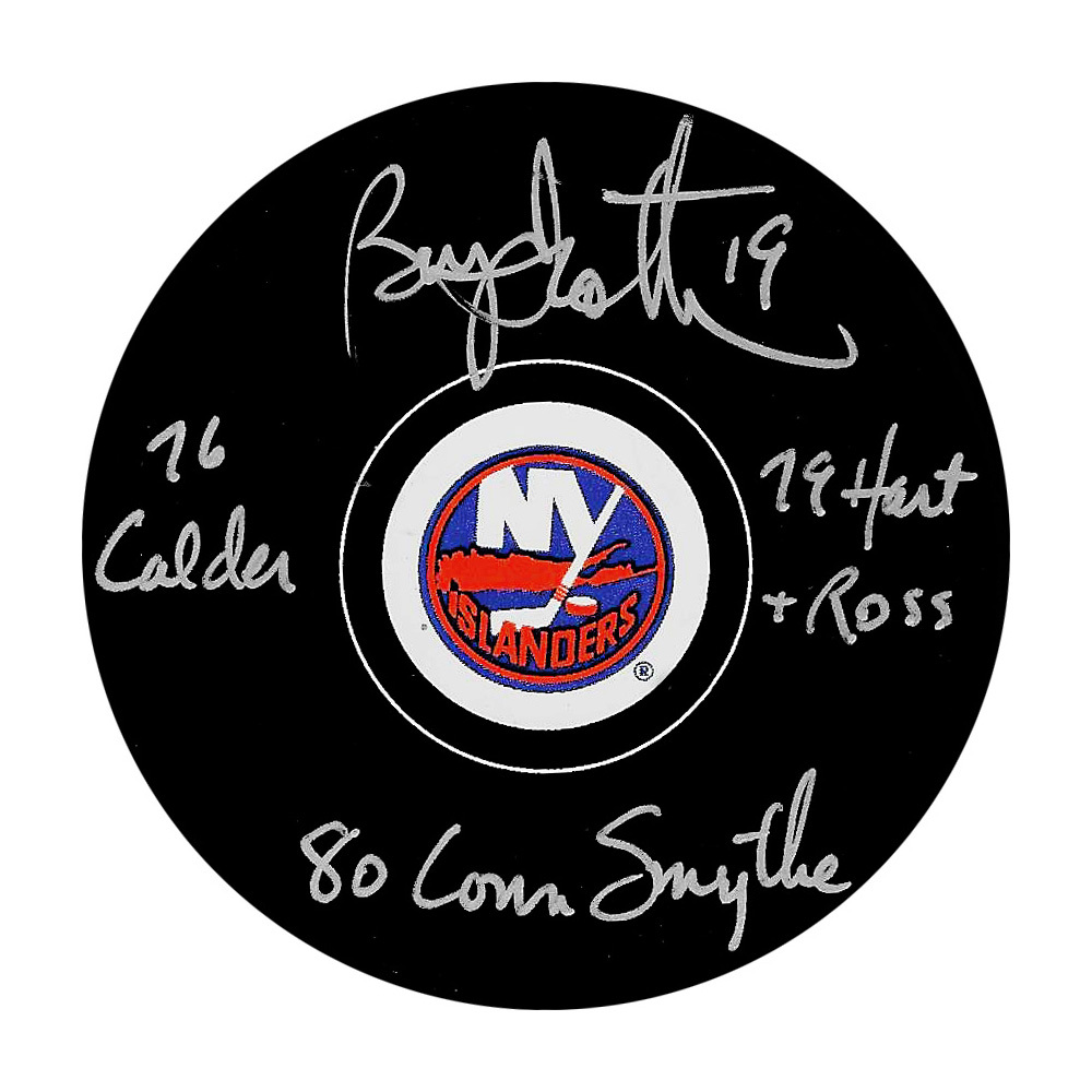 Bryan Trottier Autographed New York Islanders Puck w/Multiple Inscriptions