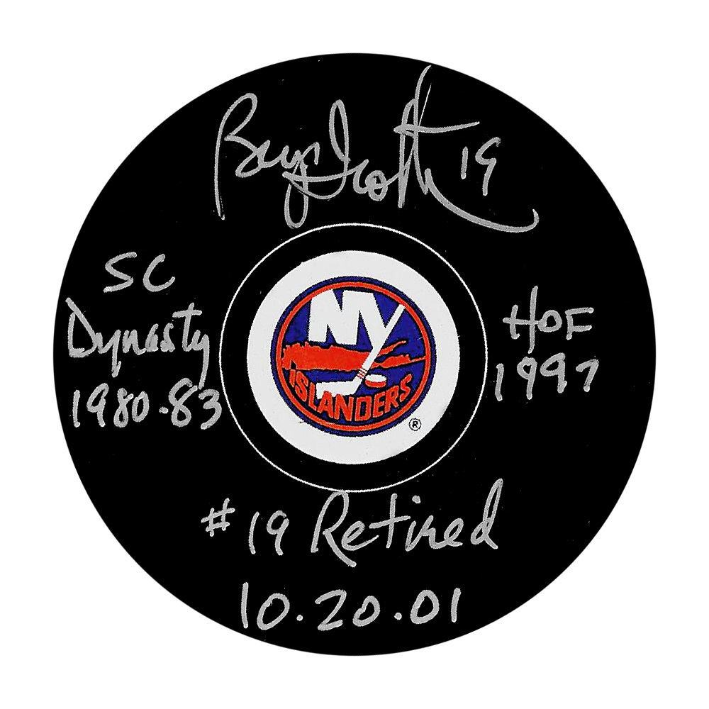 Bryan Trottier Autographed New York Islanders Puck w/Multiple Inscriptions