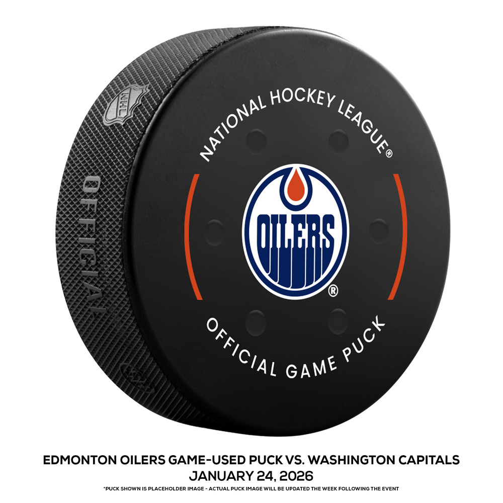 Edmonton Oilers Game-Used Puck vs. Washington Capitals on January 24, 2026 - Evan Bouchard (EDM) 1st NHL Hat Trick During 400th NHL Game (Not Goal Puck)