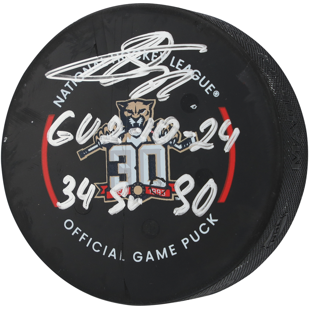 Sergei Bobrovsky Florida Panthers Autographed Game-Used Puck vs. Colorado Avalanche on February 10, 2024 with Multiple Inscriptions