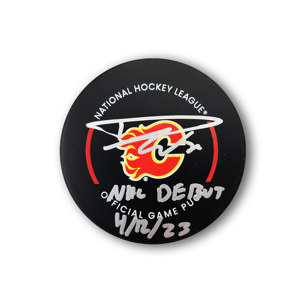 Dustin Wolf Autographed Calgary Flames Official Hockey Puck Inscribed NHL Debut