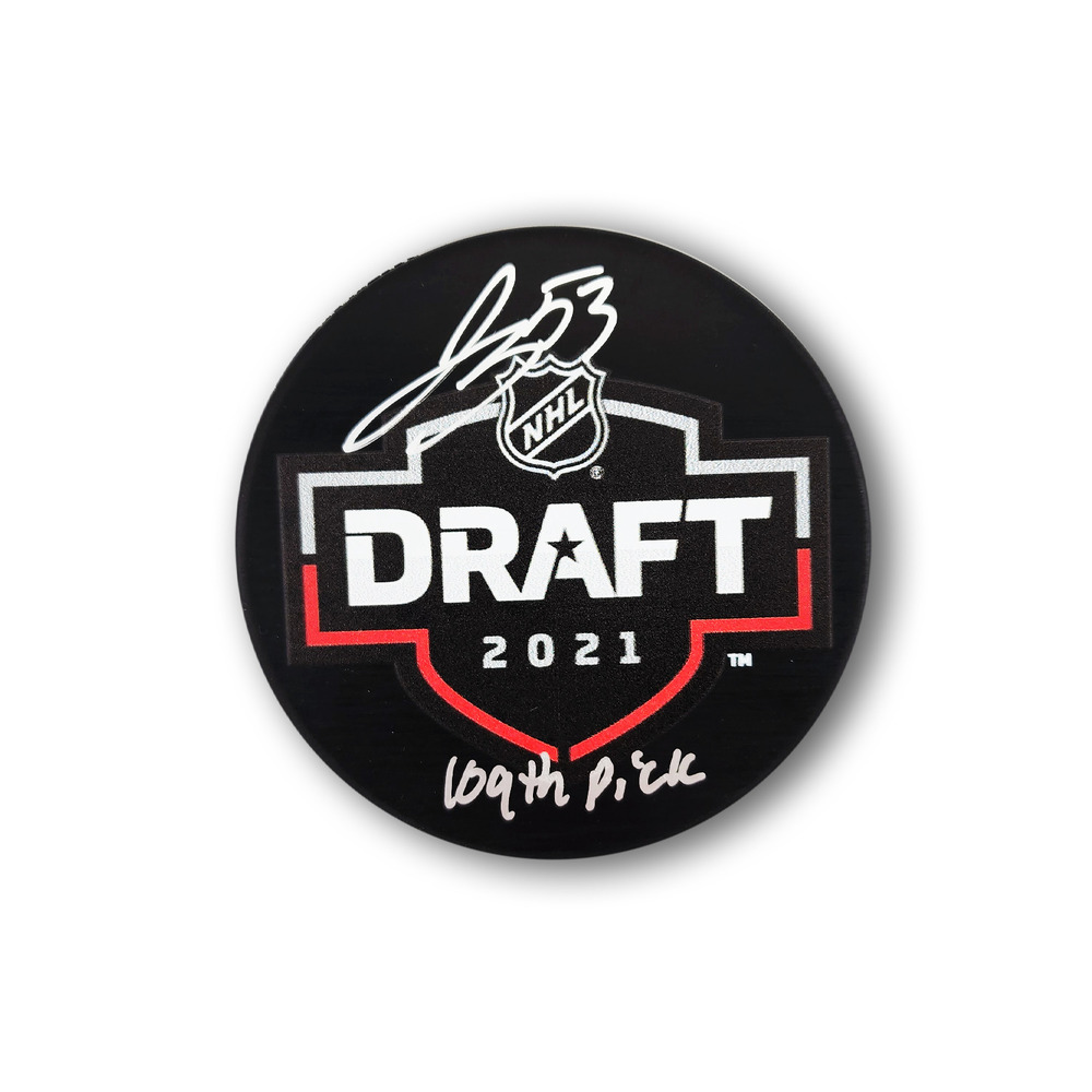 Jackson Blake Autographed 2021 NHL Draft Hockey Puck Inscribed 109th Pick