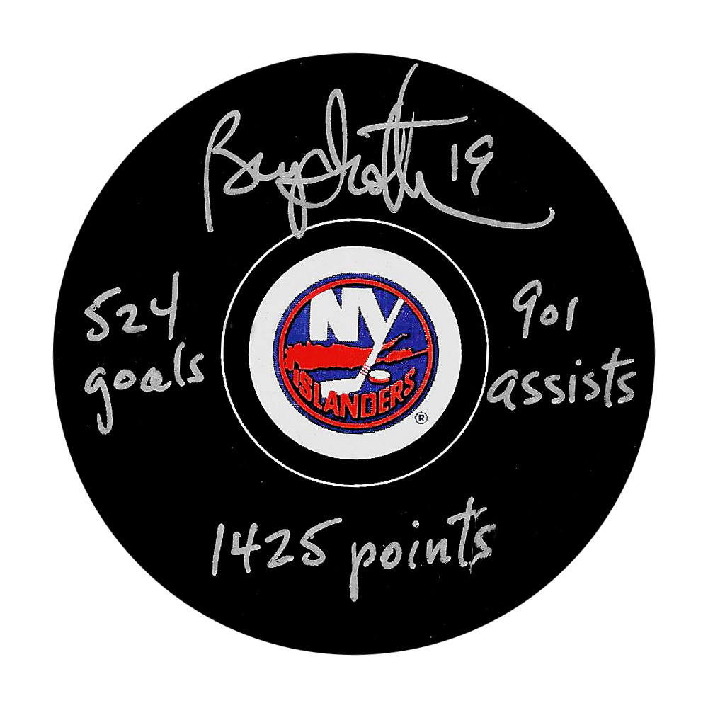 Bryan Trottier Autographed New York Islanders Puck w/Career Stats Inscriptions