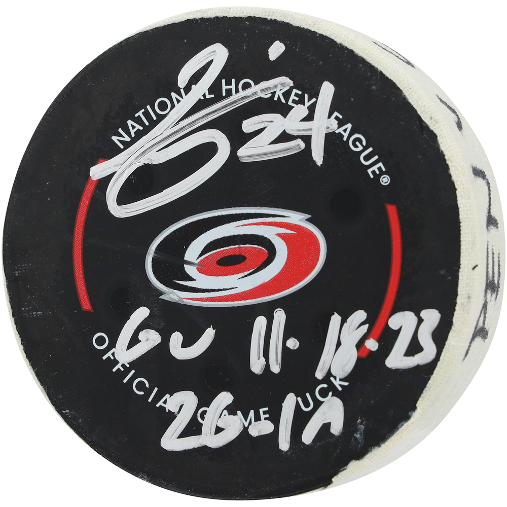 Seth Jarvis Carolina Hurricanes Autographed Game-Used Puck vs. Pittsburgh Penguins on November 18, 2023 with Multiple Inscriptions