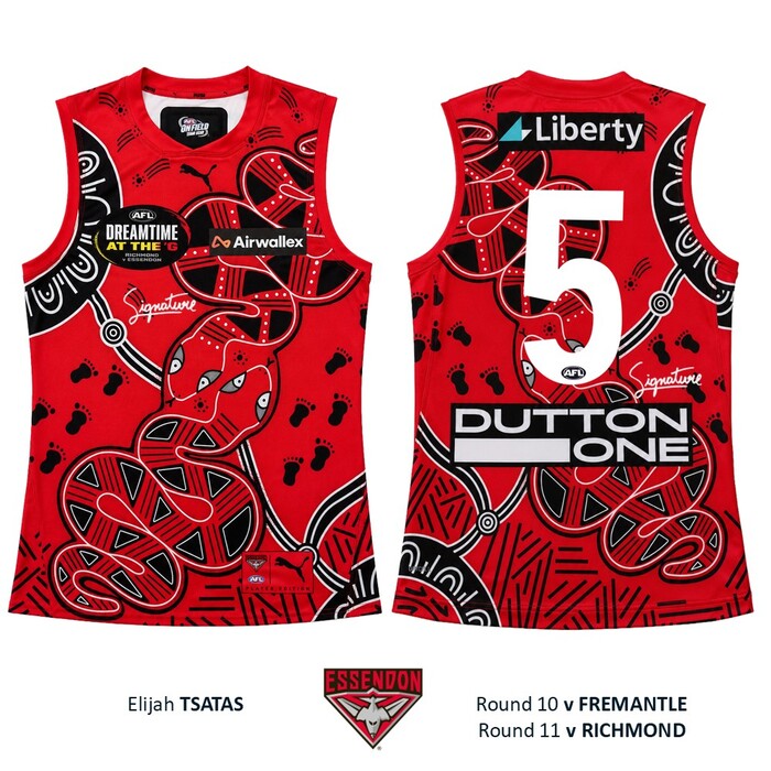 Photo of Elijah Tsatas #5 Essendon 2026 Dreamtime Guernsey 
