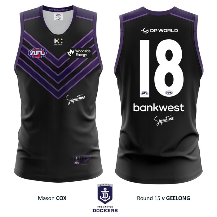 Photo of Mason Cox #18 Fremantle 2026 Stealth Match-Worn Guernsey