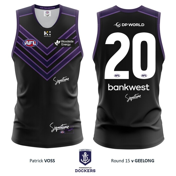 Photo of Patrick Voss #20 Fremantle 2026 Stealth Match-Worn Guernsey