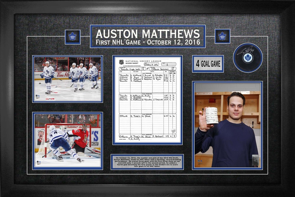 Auston Matthews Signed Puck With Scoresheet Leafs First Game Collage - Fanatics