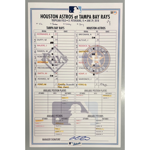 Game Used Lineup Card Tampa Bay Rays v Houston Astros June 29, 2018