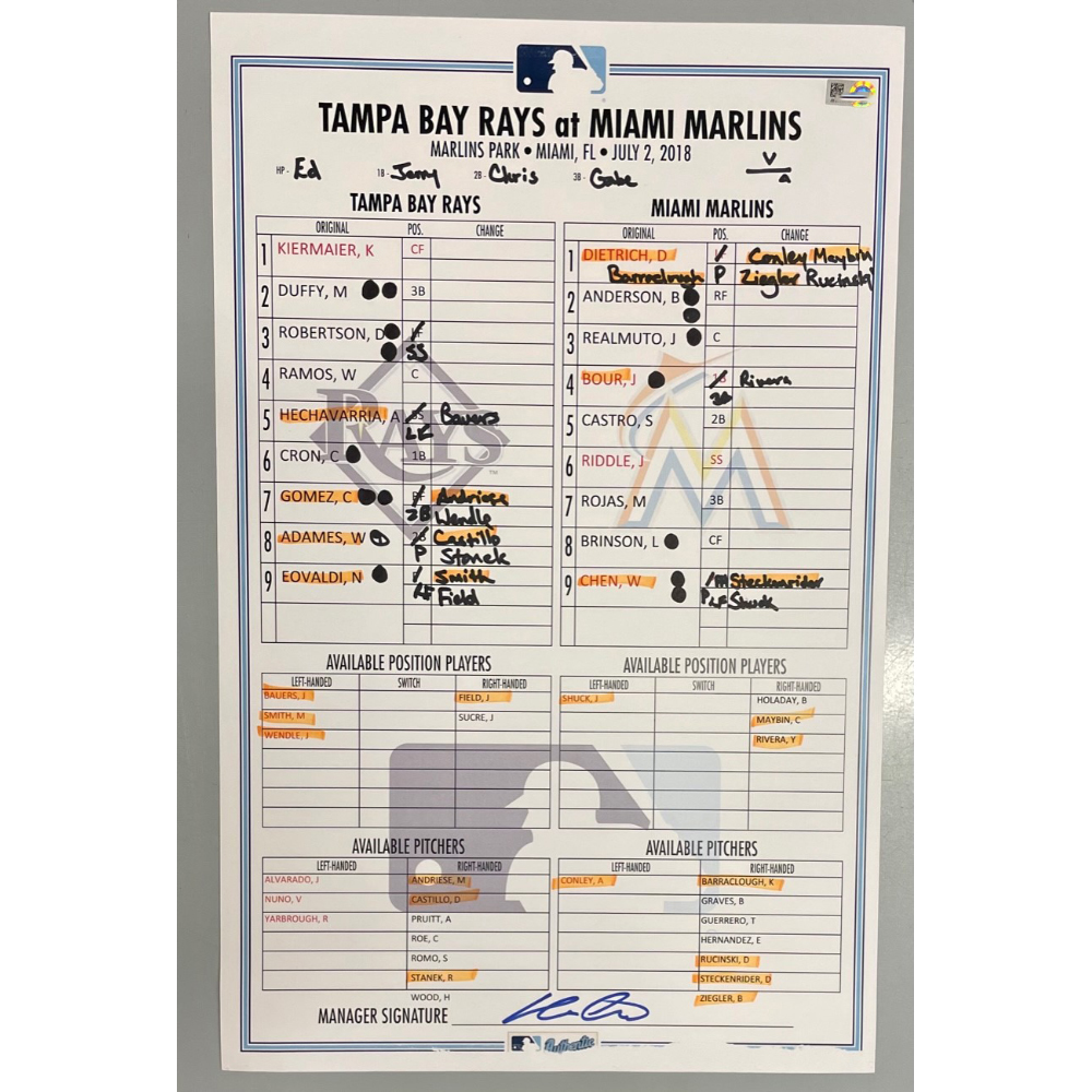 Game Used Lineup Card Tampa Bay Rays at Miami Marlins July 2, 2018