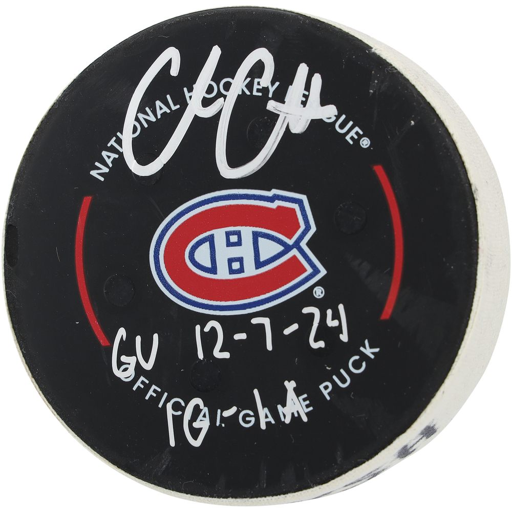 Cole Caufield Montreal Canadiens Autographed Game-Used Puck vs. Washington Capitals on December 7, 2024 with Multiple Inscriptions