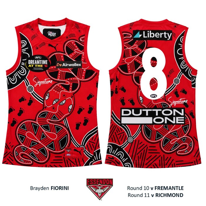 Photo of Brayden Fiorini #8 Essendon 2026 Dreamtime Guernsey 