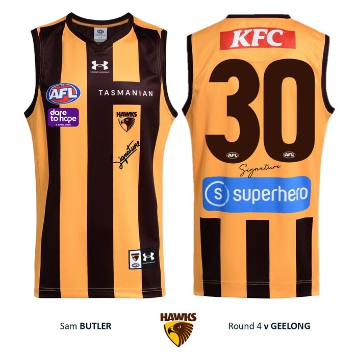 Photo of Sam Butler #30 Hawthorn 2026 Dare to Hope Guernsey