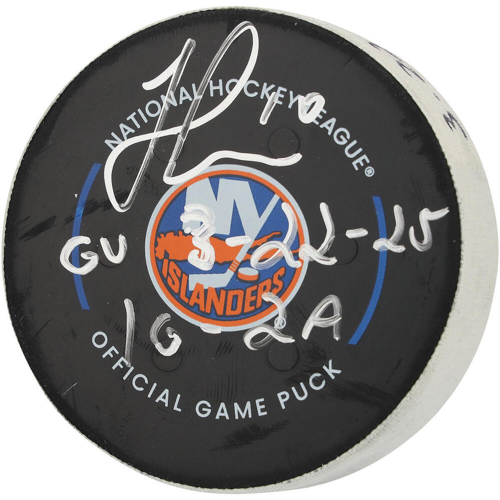 Jonathan Huberdeau Calgary Flames Autographed Game-Used Puck vs. New York Islanders on March 22, 2025 with Multiple Inscriptions