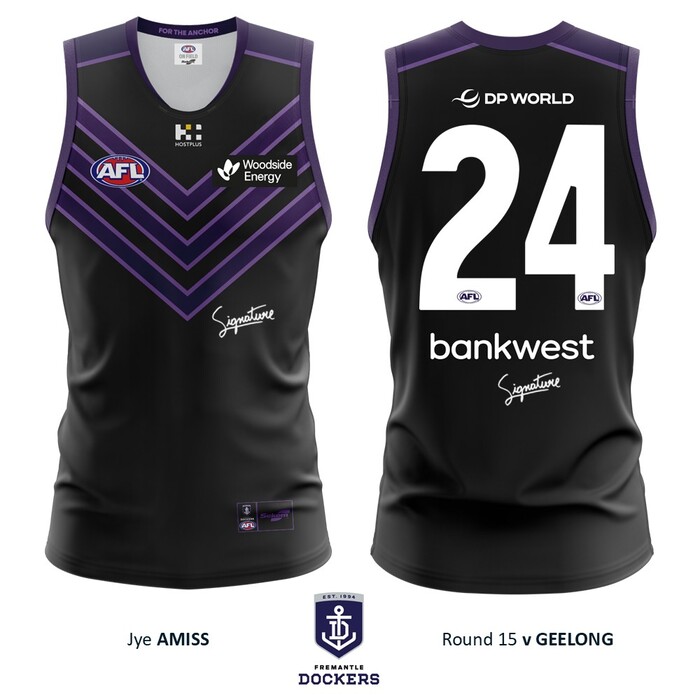 Photo of Jye Amiss #24 Fremantle 2026 Stealth Match-Worn Guernsey