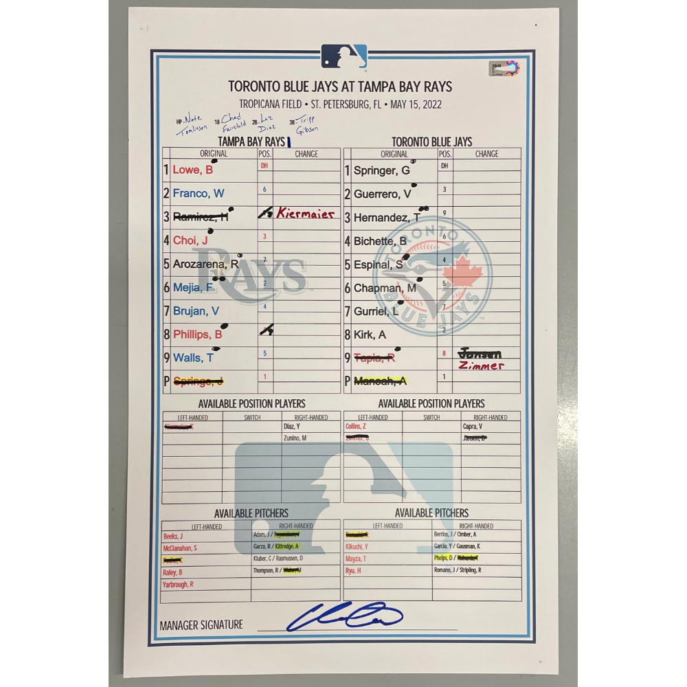 Game Used Lineup Card Tampa Bay Rays v Toronto Blue Jays May 15