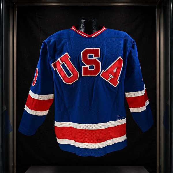 Front of Dave Christian Blue Team USA Gold Medal Game-Worn Jersey Photo-Matched to 1980 Lake Placid Winter Olympics.