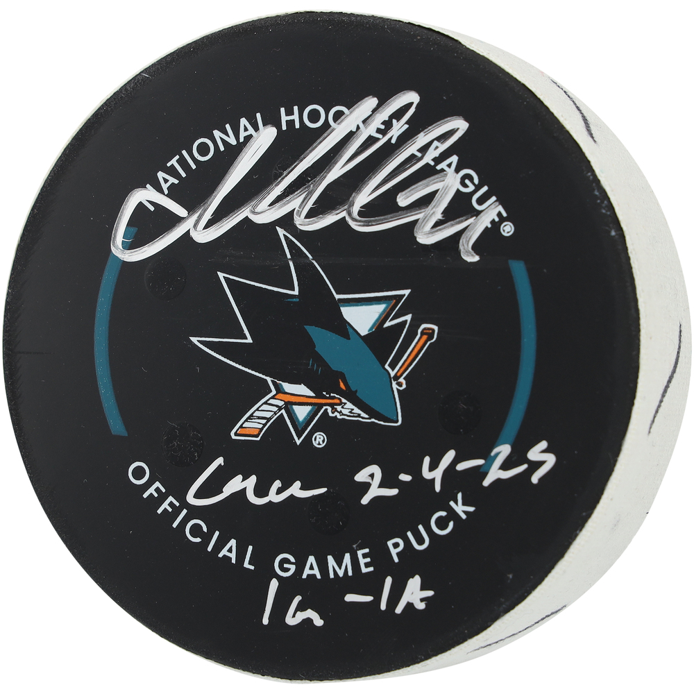 Macklin Celebrini San Jose Sharks Autographed Game-Used Puck vs. Montreal Canadiens on February 4, 2025 with Multiple Inscriptions