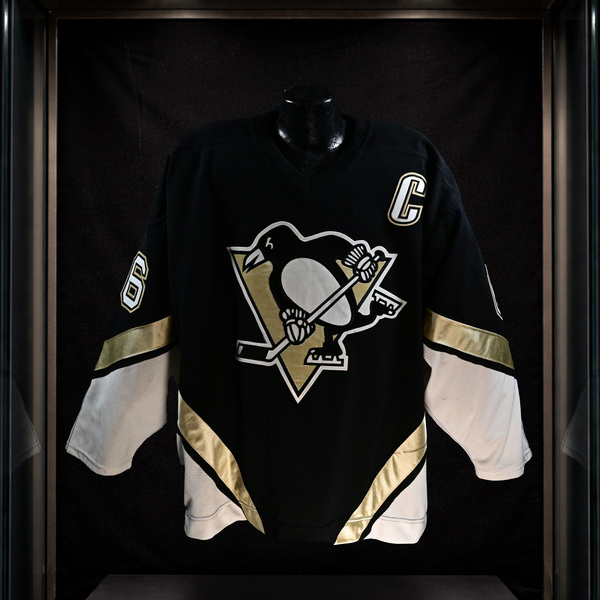 Front of Mario Lemieux Black Set 1 Pittsburgh Penguins Game-Worn Jersey Photo-Matched to Final NHL Game & Point.