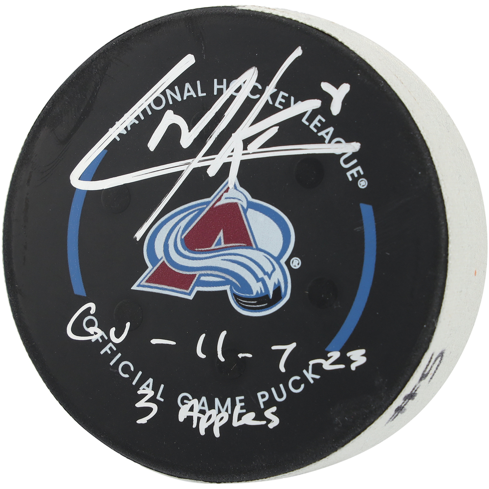 Cale Makar Colorado Avalanche Autographed Game-Used Puck vs. New Jersey Devils on November 7, 2023 with Multiple Inscriptions