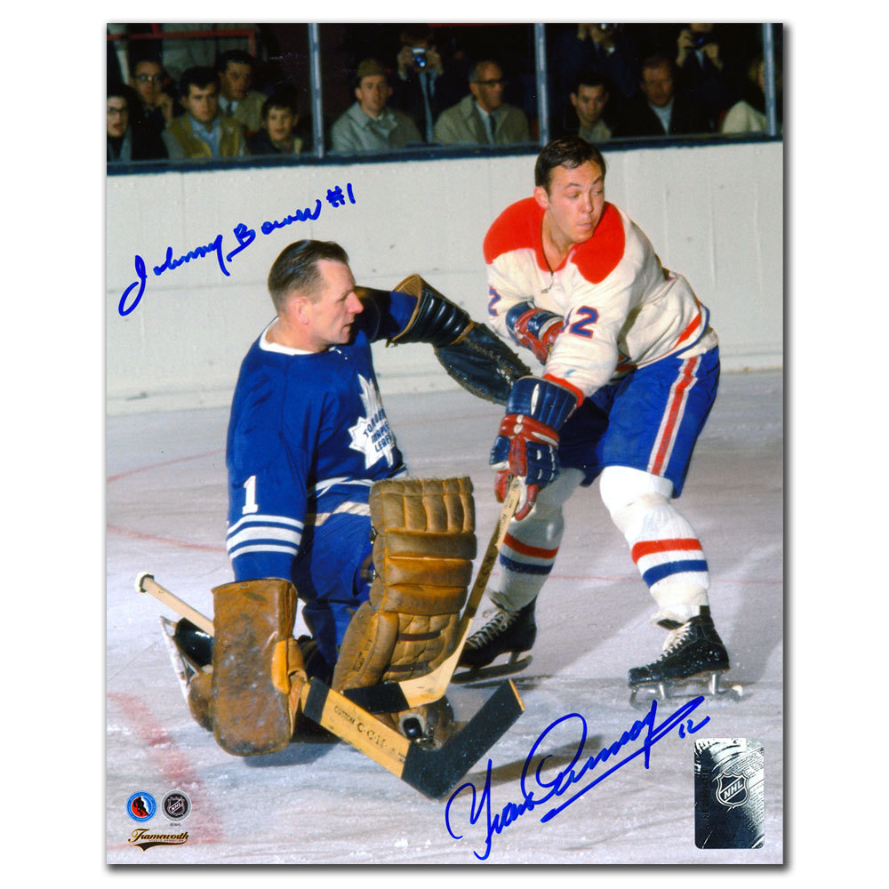 Johnny Bower vs. Yvan Cournoyer Original 6 BATTLE Dual Autographed 8x10