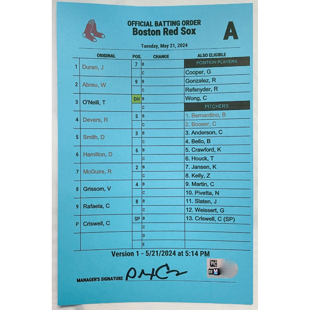 Game Used Batting Order Card Package Tampa Bay Rays v Boston Red Sox