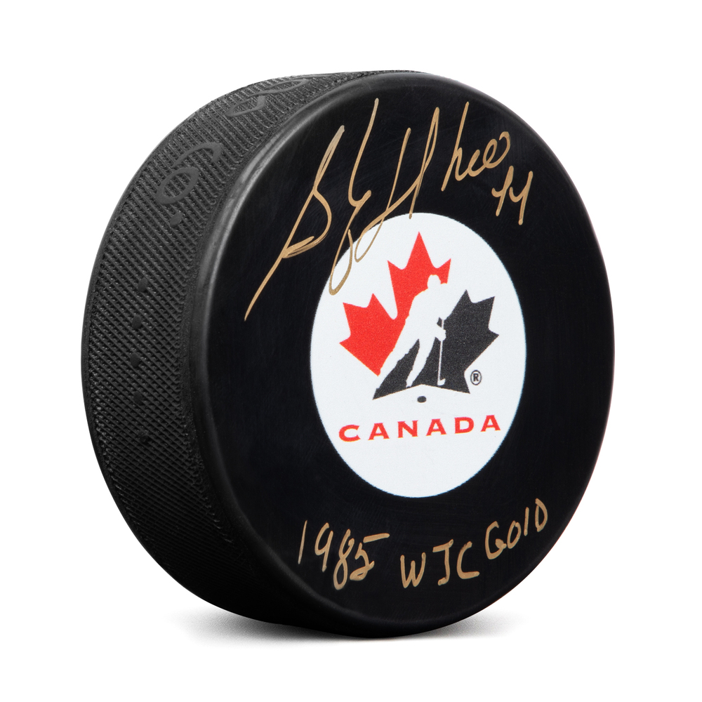Stephane Richer Signed Team Canada Puck with 1985 WJC GOLD Note