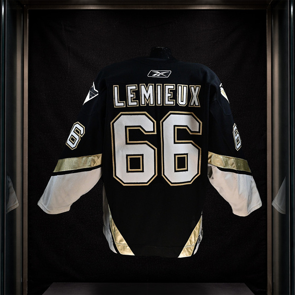 Back of Mario Lemieux Black Set 1 Pittsburgh Penguins Game-Worn Jersey Photo-Matched to Final NHL Game & Point.
