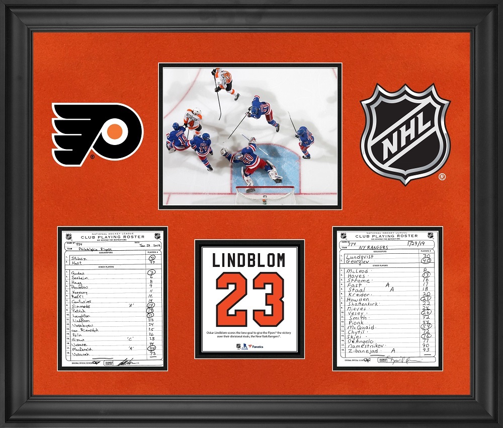 Philadelphia Flyers Framed Original Line-Up Cards from January 29, 2019 vs. New York Rangers - Oskar Lindblom Scores Lone Goal in Win