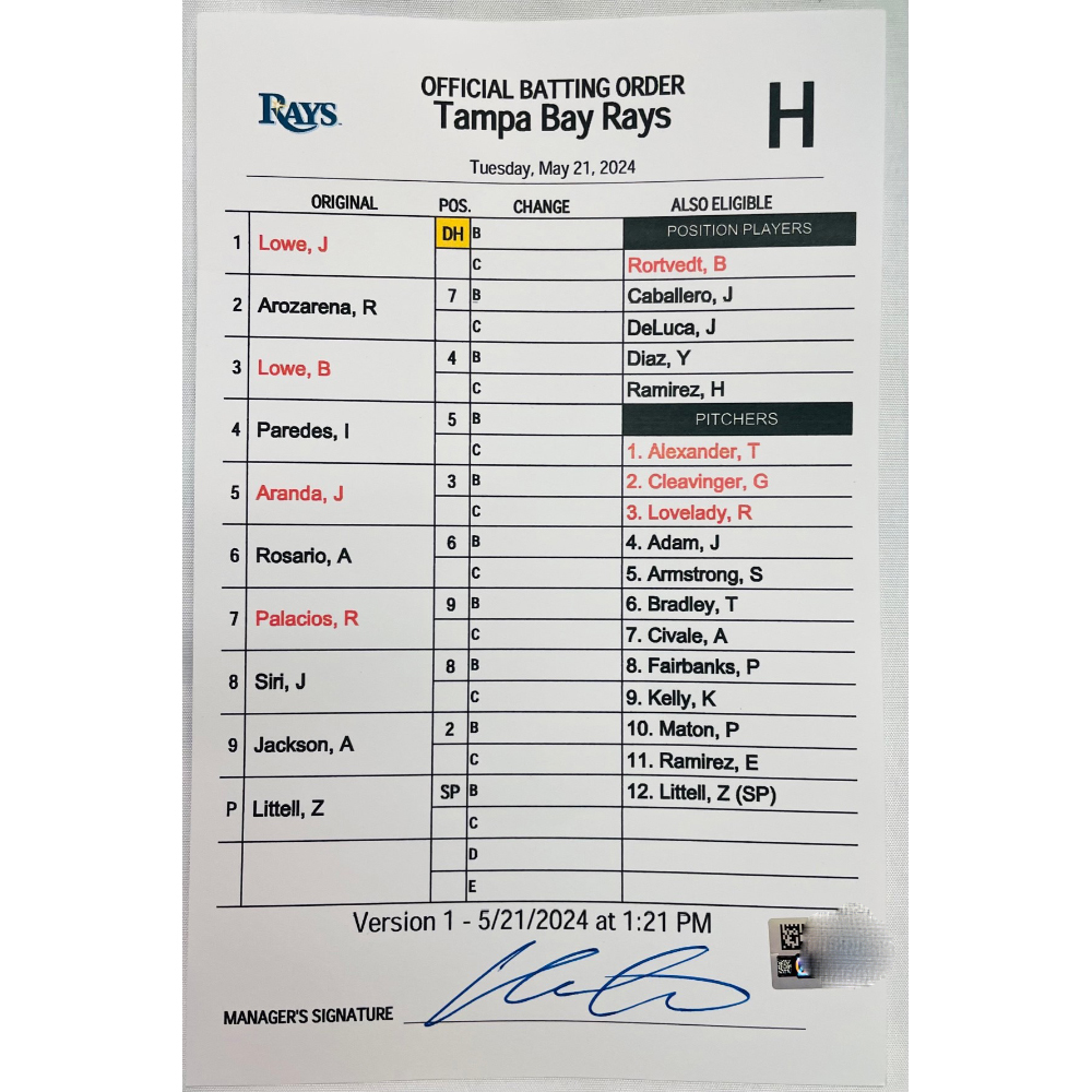 Game Used Batting Order Card Package Tampa Bay Rays v Boston Red Sox