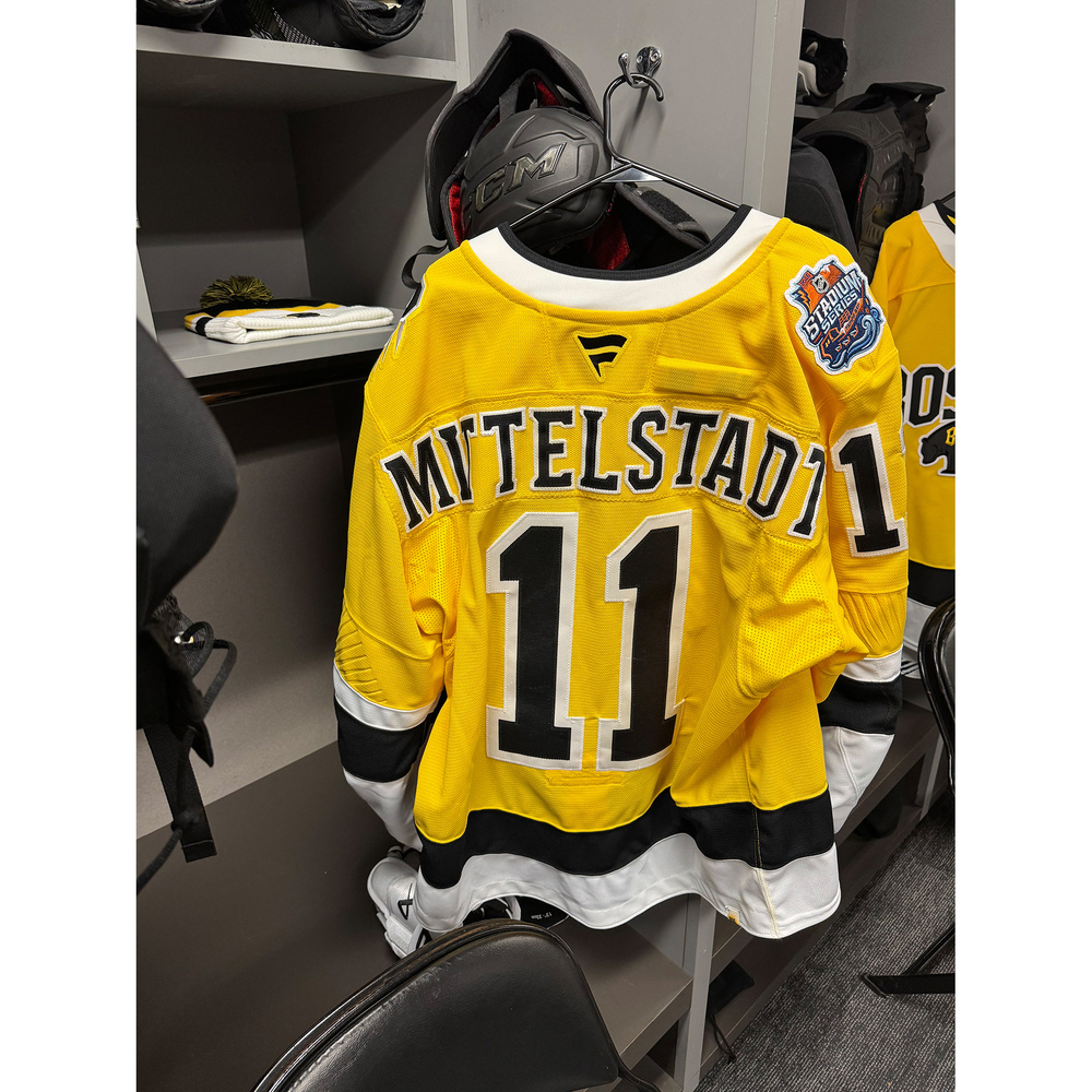 Casey Mittelstadt Boston Bruins #11 2026 NHL Stadium Series Game-Used Yellow Jersey - Worn During the 1st Period on February 1, 2026