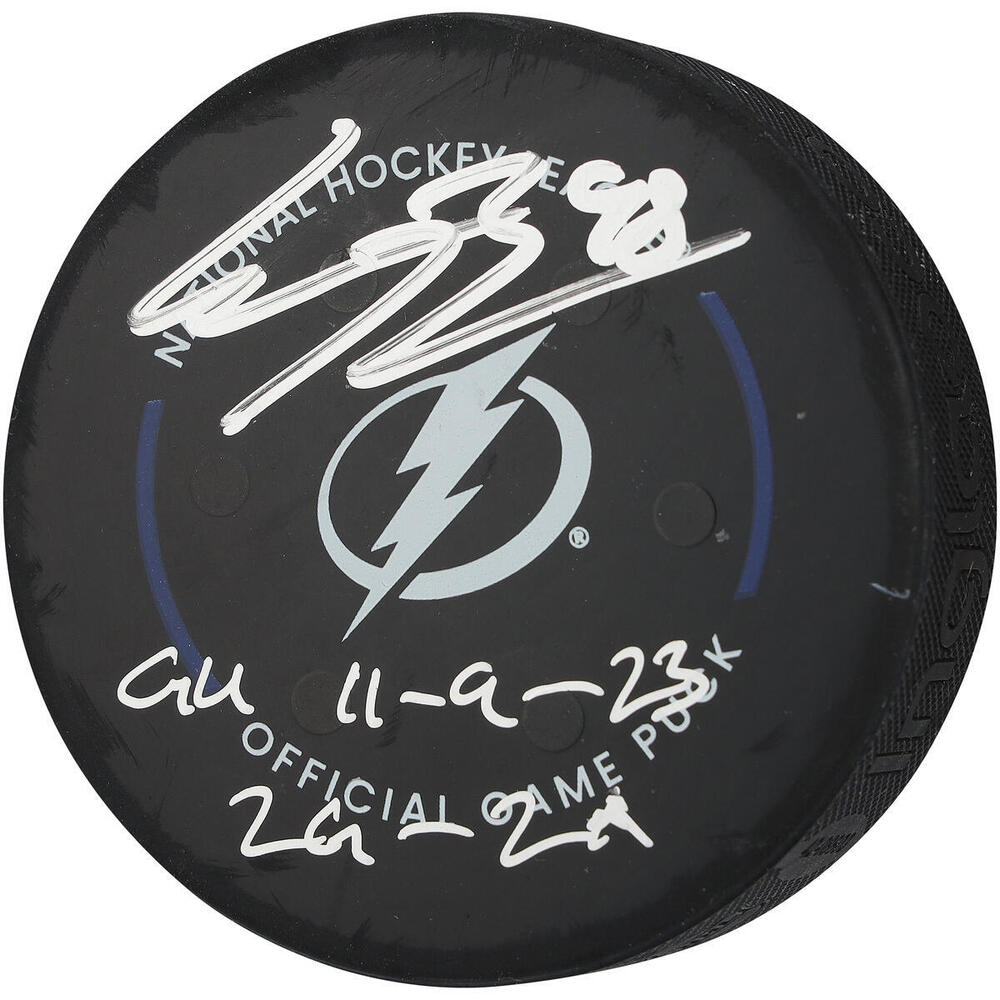 Connor Bedard Chicago Blackhawks Autographed Game-Used Puck vs. Tampa Bay Lightning on November 9, 2023 with Multiple Inscriptions