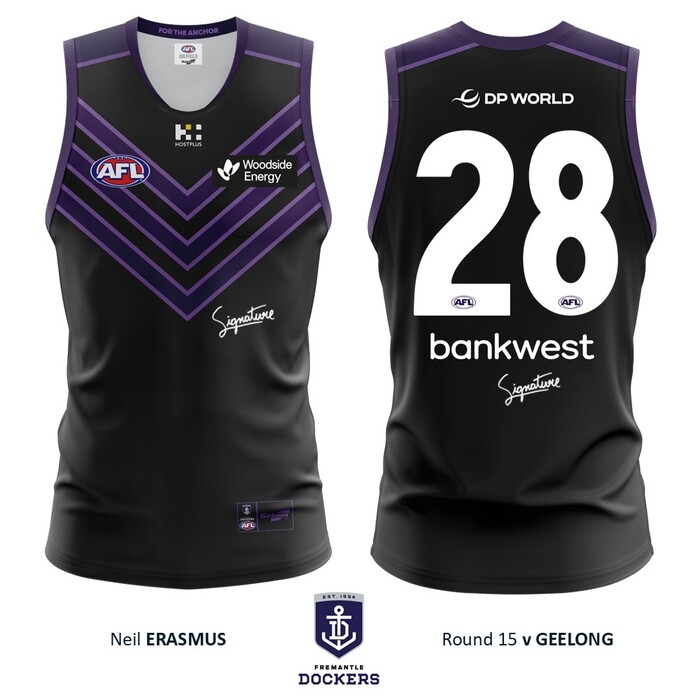 Photo of Neil Erasmus #28 Fremantle 2026 Stealth Match-Worn Guernsey