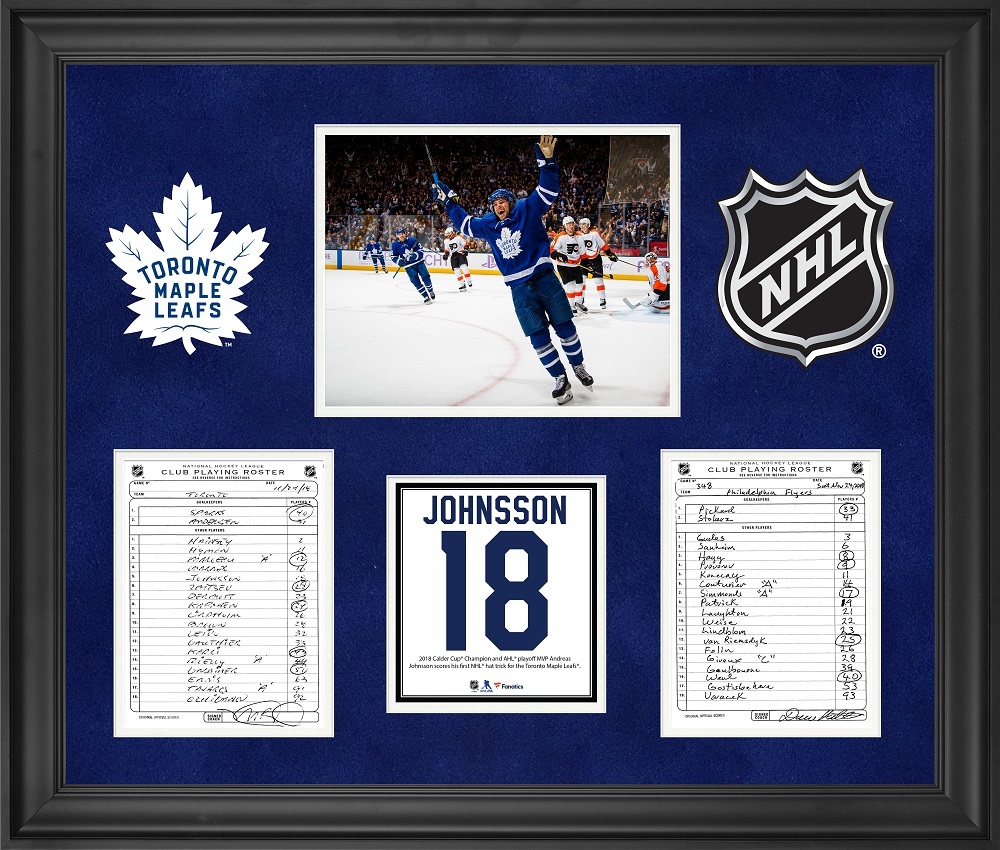 Toronto Maple Leafs Framed Original Line-Up Cards from November 24, 2018 vs. Philadelphia Flyers - Andreas Johnsson First NHL Hat Trick