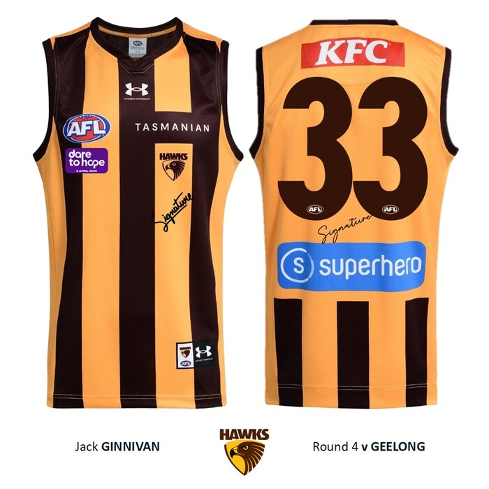 Photo of Jack Ginnivan #33 Hawthorn 2026 Dare to Hope Guernsey