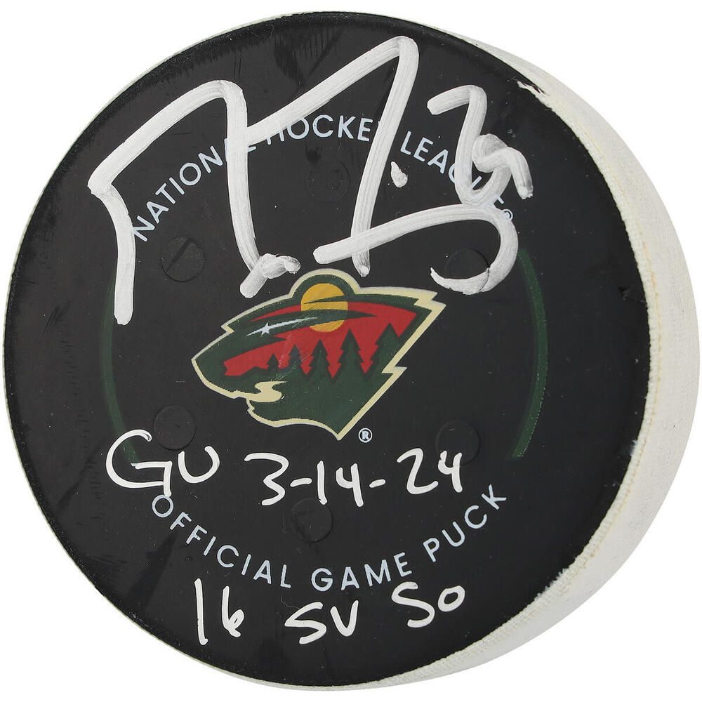 Marc-Andre Fleury Minnesota Wild Autographed Game-Used Puck vs. Anaheim Ducks on March 14, 2024 with Multiple Inscriptions