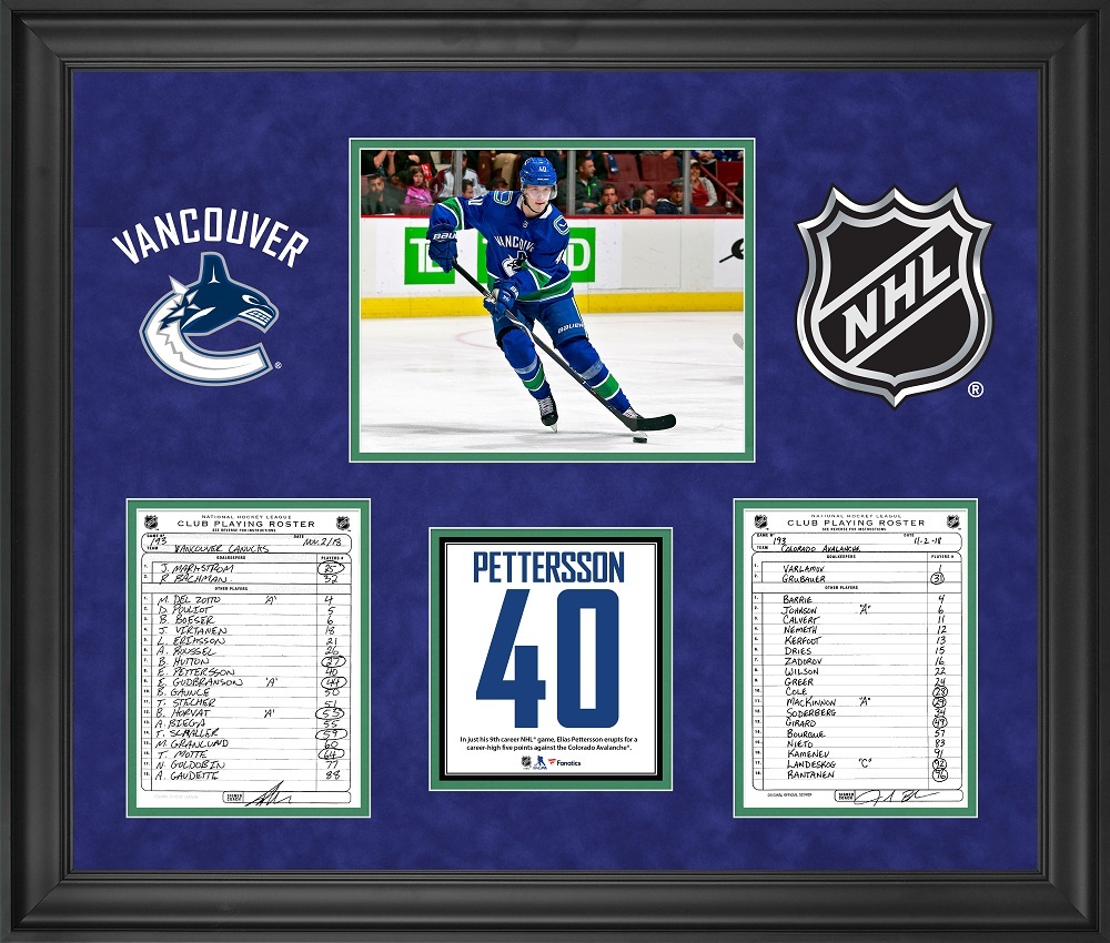 Vancouver Canucks Framed Original Line-Up Cards from November 2, 2018 vs. Colorado Avalanche - Elias Pettersson Five Point Game