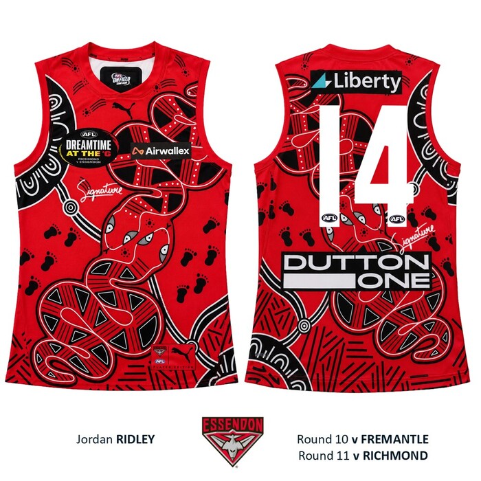 Photo of Jordan Ridley #14 Essendon 2026 Dreamtime Guernsey