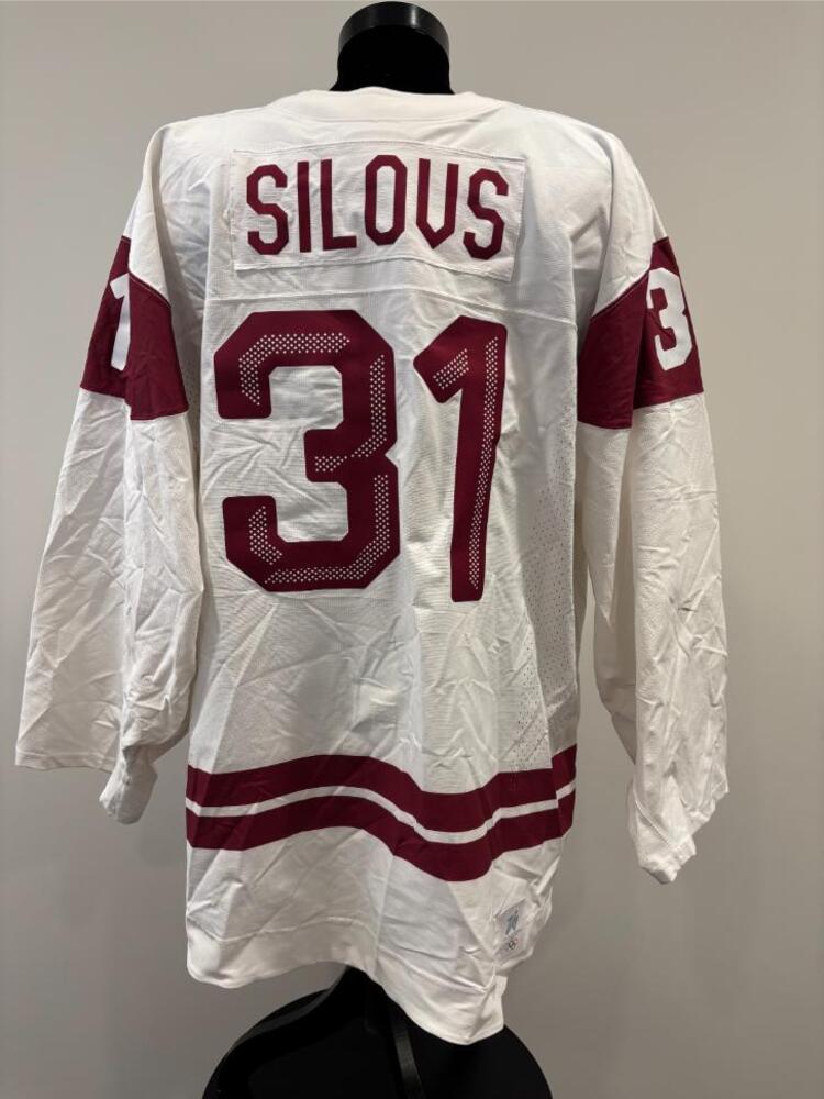 Arturs Silovs Latvia Game-Used White Jersey worn v. Denmark on February 15, 2026, as a part of the 2026 Milano Cortina Winter Games.