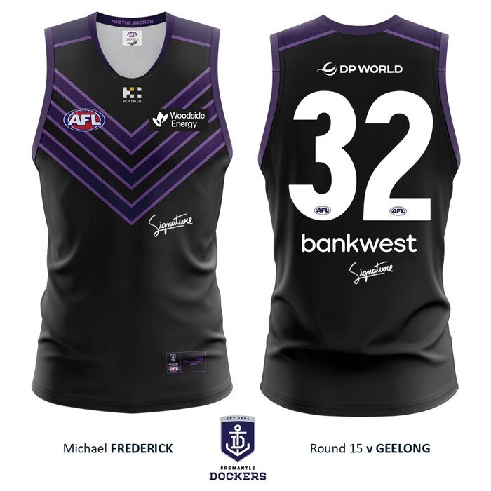 Photo of Michael Frederick #32 Fremantle 2026 Stealth Match-Worn Guernsey