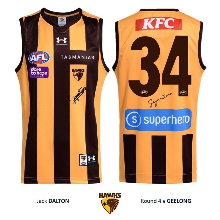 Photo of Jack Dalton #34 Hawthorn 2026 Dare to Hope Guernsey