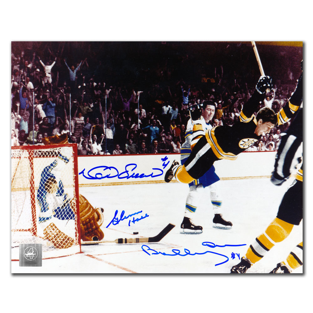 Bobby Orr, Glenn Hall & Noel Picard THE GOAL COLORIZED Autographed 8x10 GNR