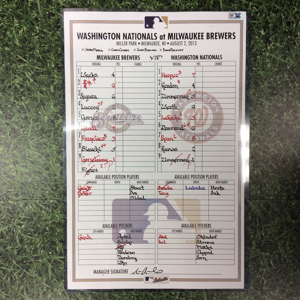 Brewers Charity Auction WSHMIL 8/2/13 GameUsed Lineup Card