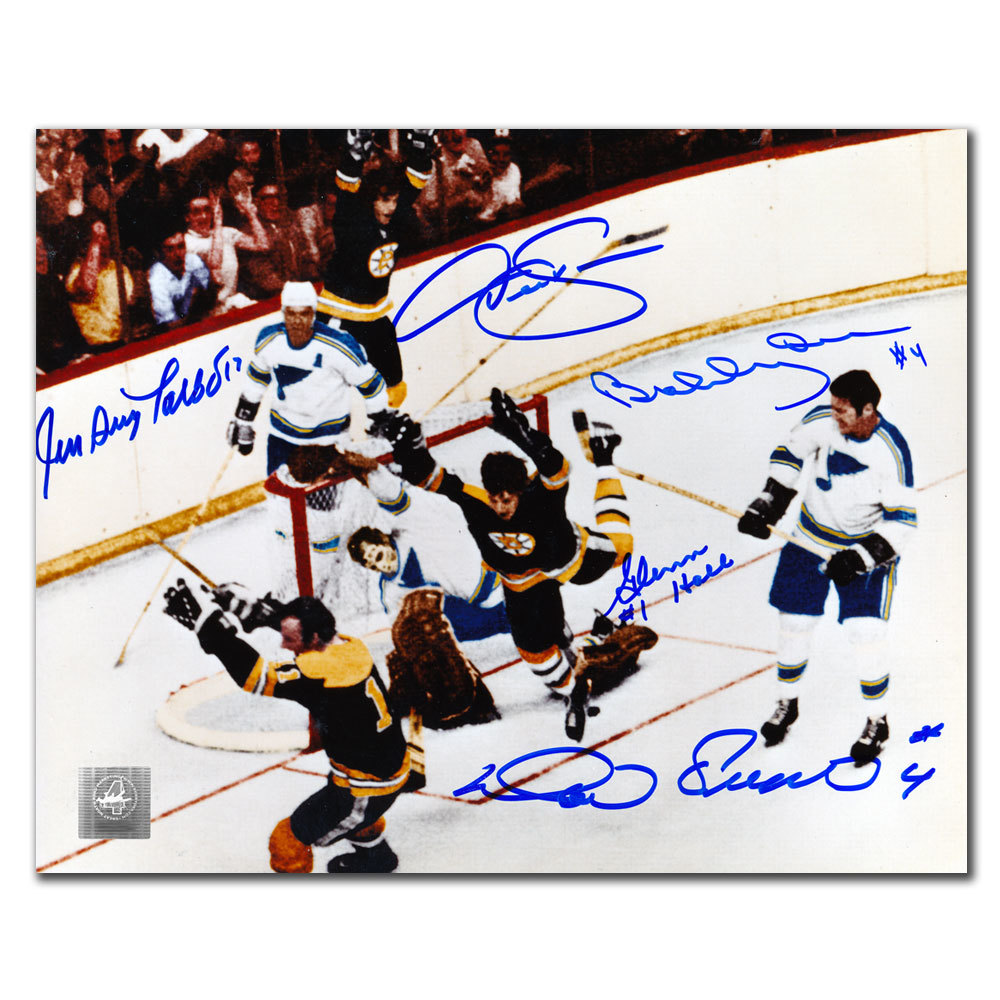 Bobby Orr, Glenn Hall, Derek Sanderson, Jean Guy Talbot & Noel Picard THE GOAL OVERHEAD Autographed 8x10 GNR